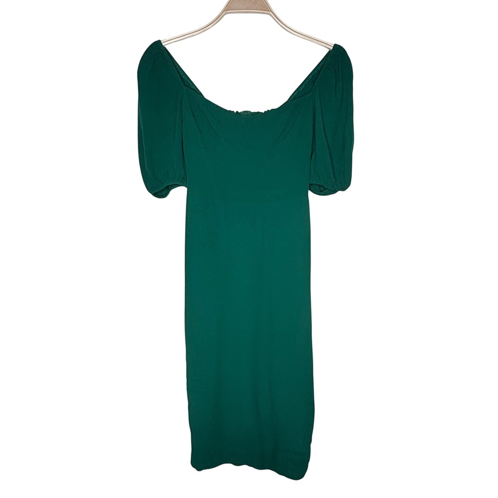 Reformation Green Puff Sleeve Smocked Square Neck Midi Jan‎ Dress Size 0